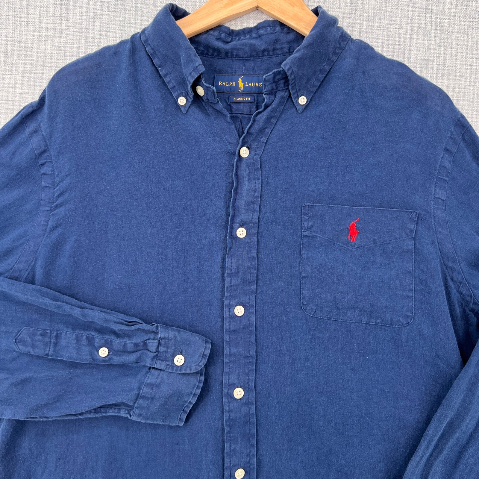 Ralph Lauren Classic Fit Linen Shirt Men Large Navy Blue Ivy Coastal Summer Prep